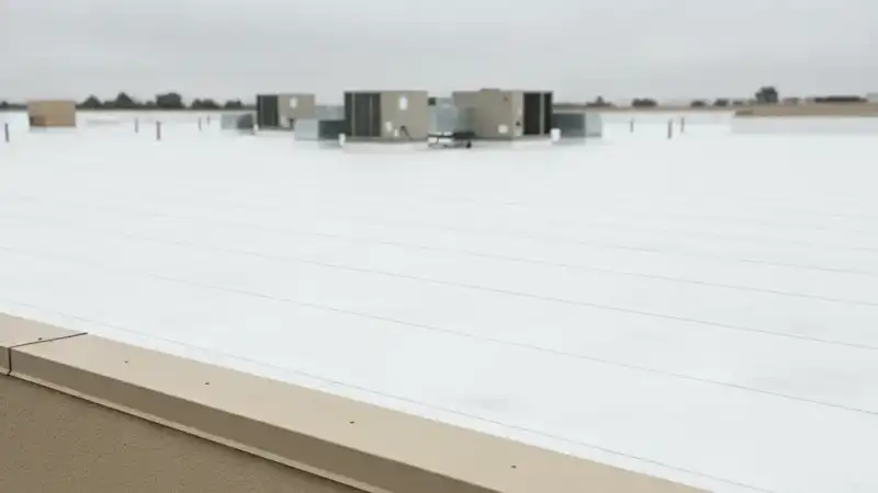 Flat white TPO membrane roof on a California commercial building with rooftop HVAC units in the background