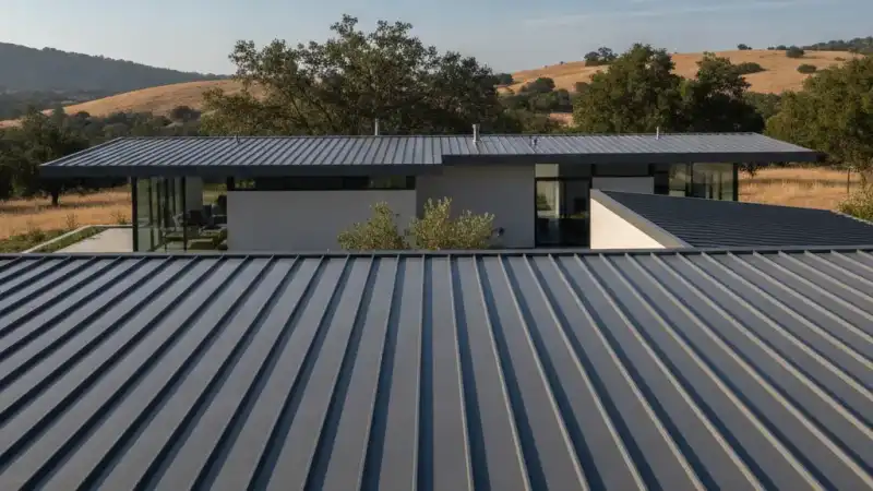 Standing seam metal roof on a modern California home with clean vertical seams