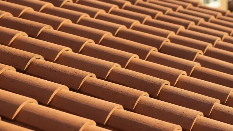 Detail of red-orange clay tile roof showing curved tile profile and shadow lines
