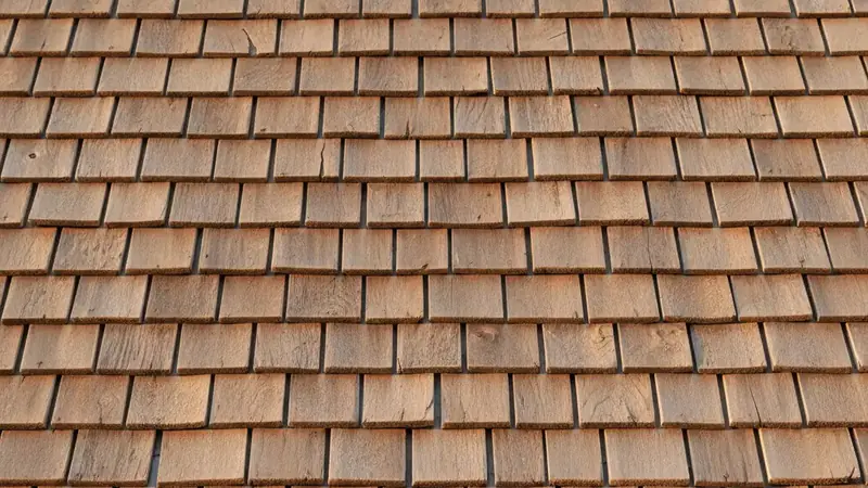 Detail of split cedar wood shake roof showing grain and weathering on a California craftsman home