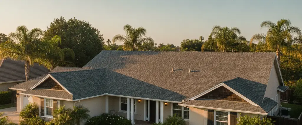Well-kept California home with a clean asphalt shingle roof under warm afternoon light
