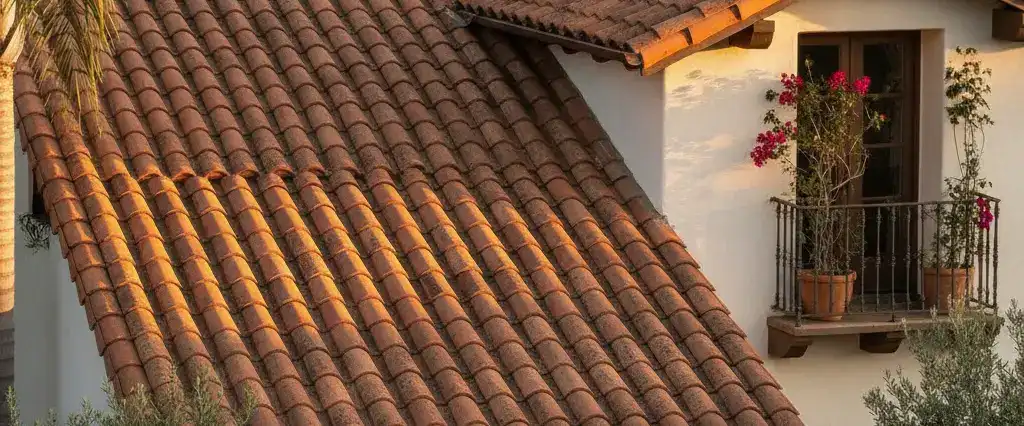 A terracotta clay tile roof on a Spanish-style California home in warm light