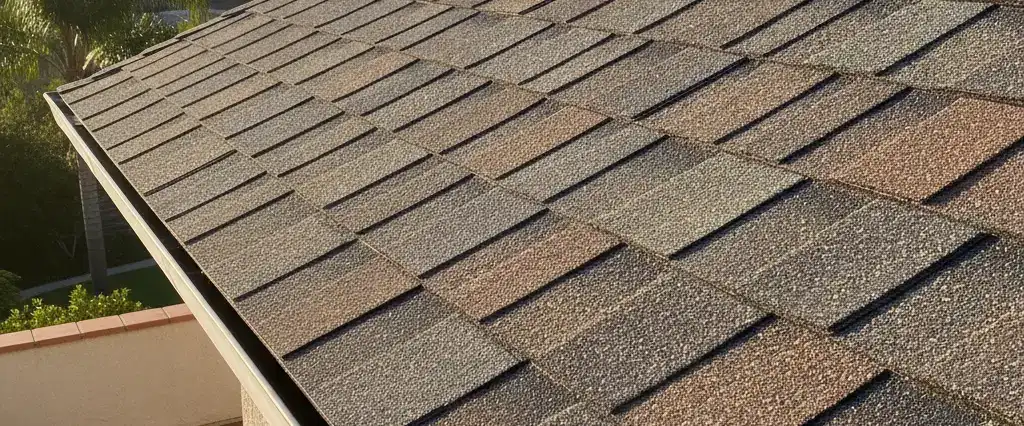 A composite shingle roof with engineered architectural shingles on a California home