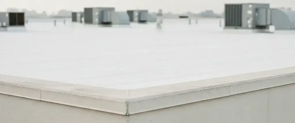 A flat white single-ply membrane roof on a California commercial building