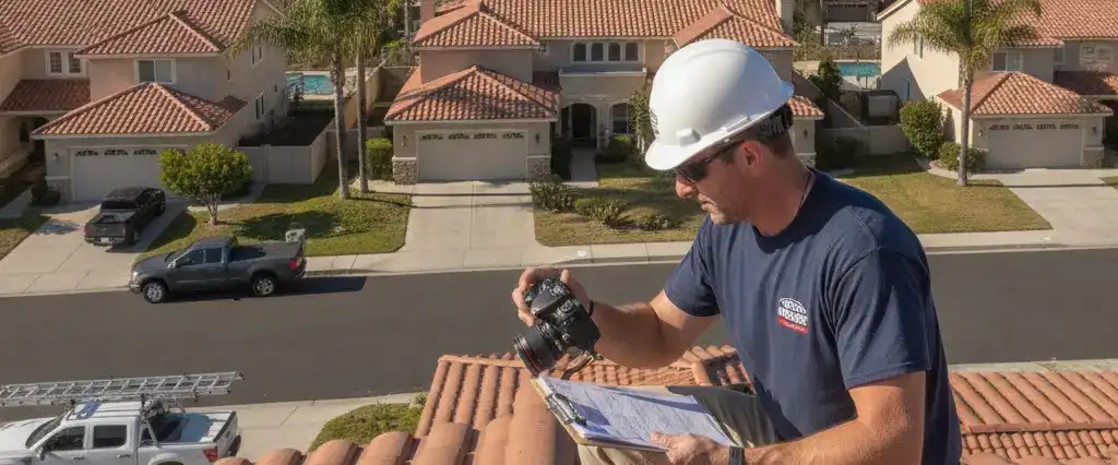 A licensed roofer on a residential roof holding a clipboard and a camera, documenting roof condition in a California suburb in daylight