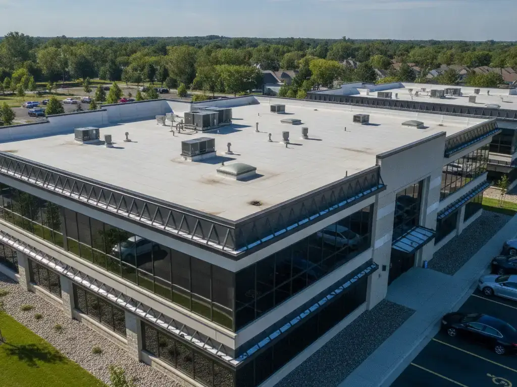Commercial building with gutter guard protection installed