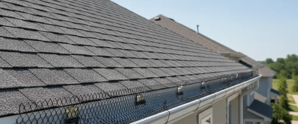 Gutter guards being installed along a home's roofline