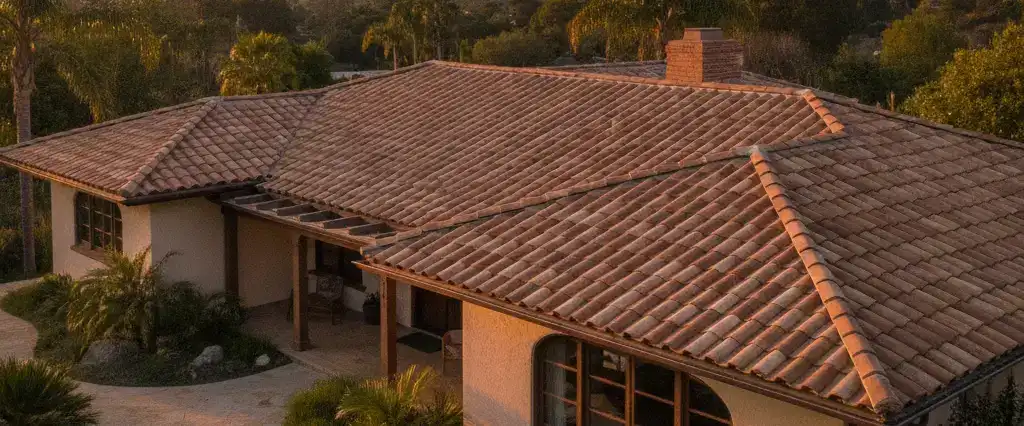 A lightweight concrete tile roof on a single-story California home in late afternoon light