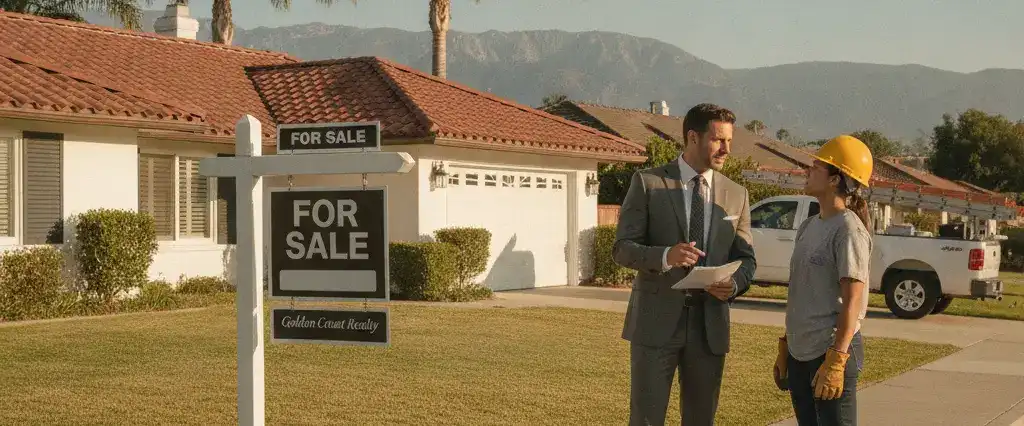 A real estate agent and a roofer talking in front of a California home with a for-sale sign in daylight