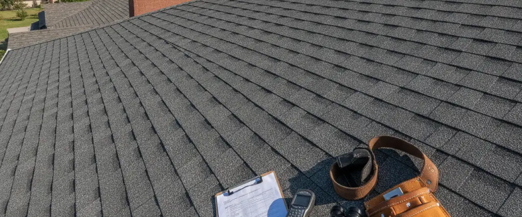 Sound residential roof in good condition with a clipboard and inspection tools resting on the surface for a roof certification assessment