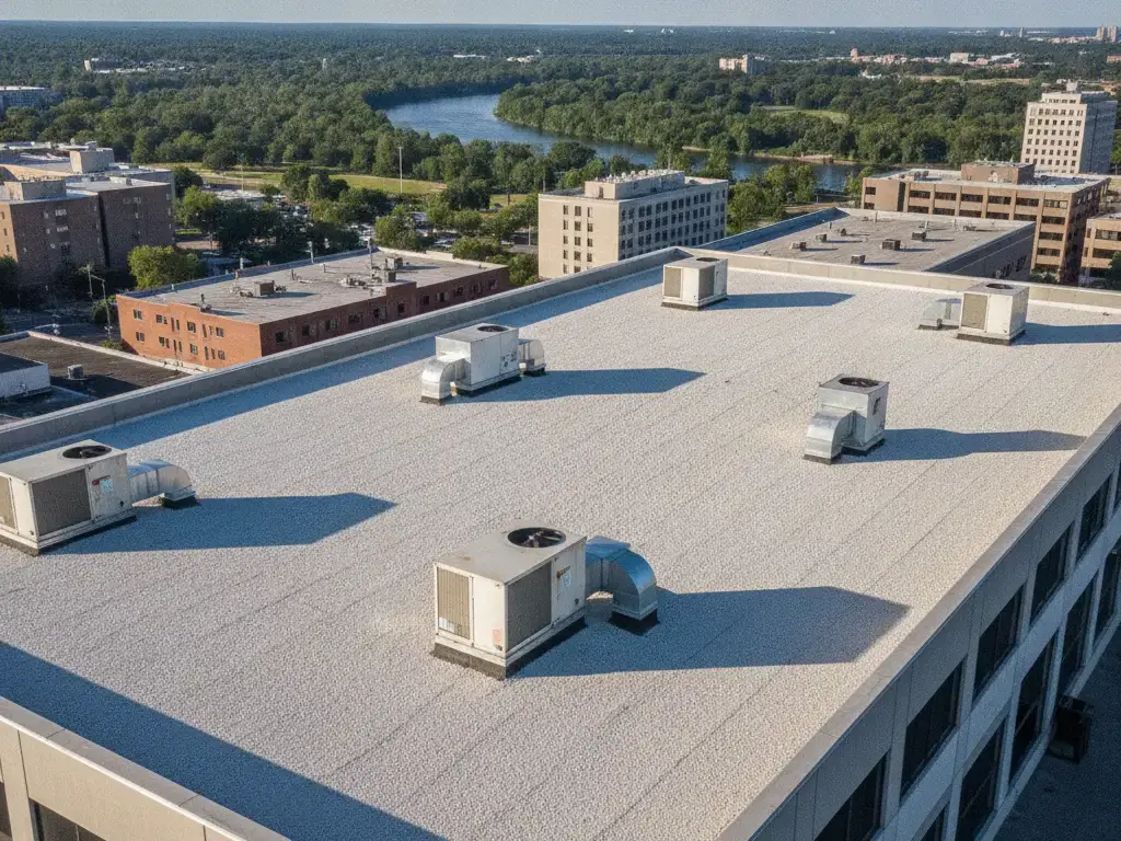 Commercial building roof undergoing inspection