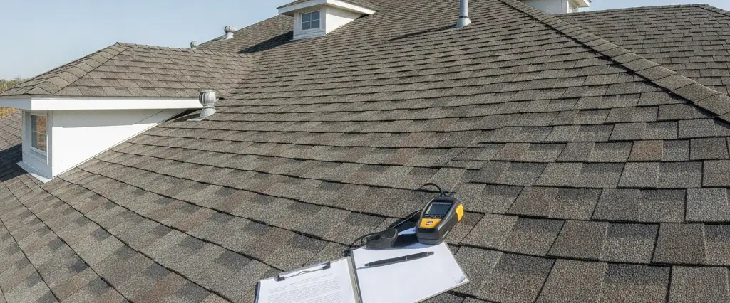 Roof inspection in progress with tools on a residential rooftop