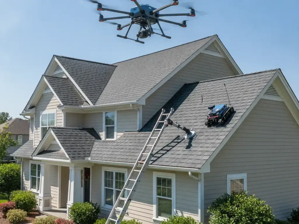 Single-family home roof undergoing a professional inspection