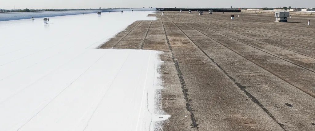 Roof being restored with a fresh protective coating rolled onto the surface