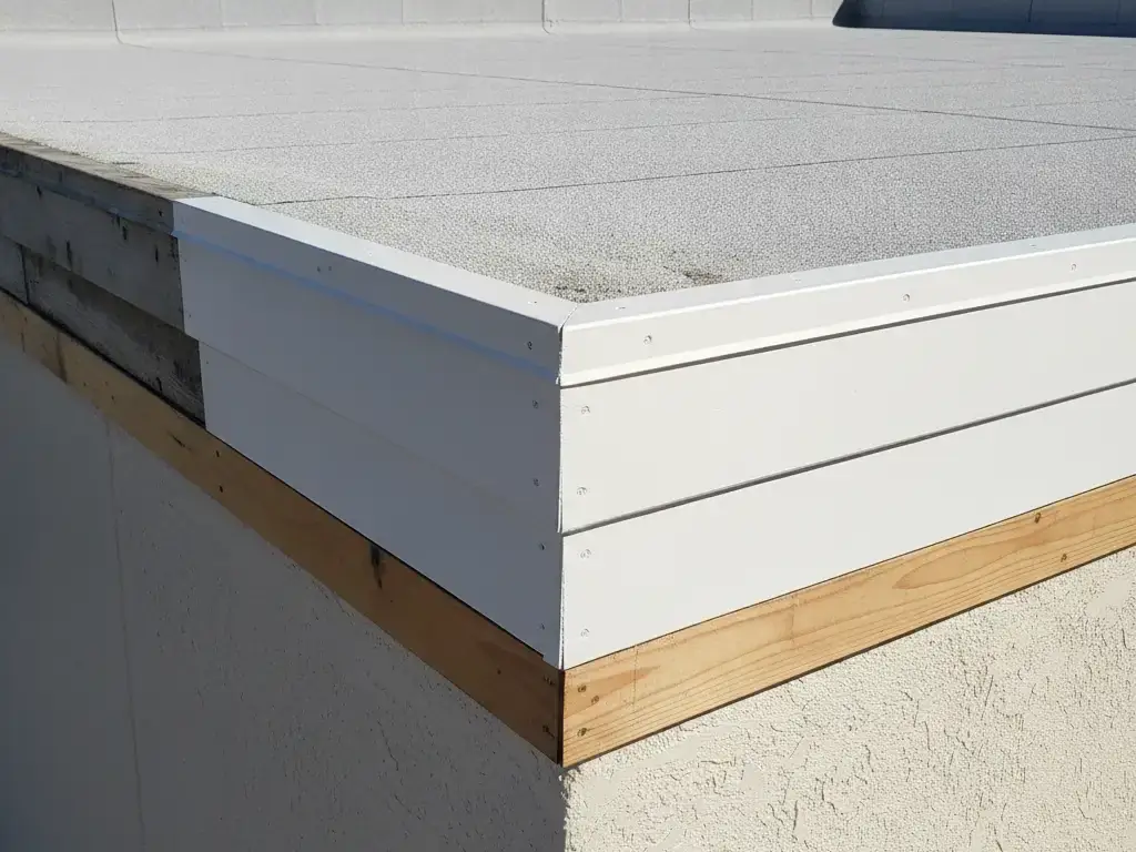 Commercial building roof edge with replaced fascia and trim after dry rot repair