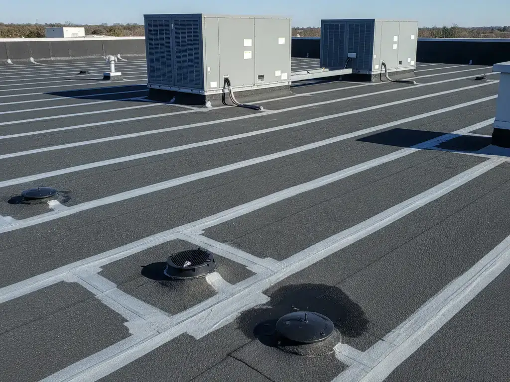 Flat commercial roof with repaired seams and drains after leak repair, rooftop units in background