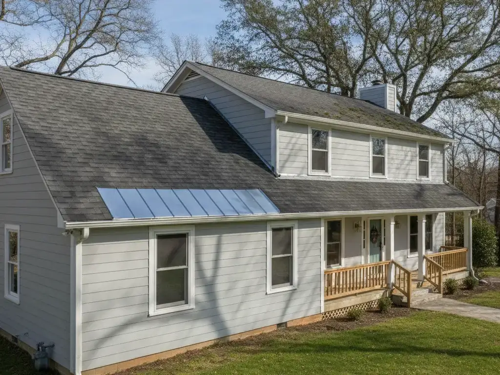 Single-family home with a repaired watertight roof section and clean new flashing