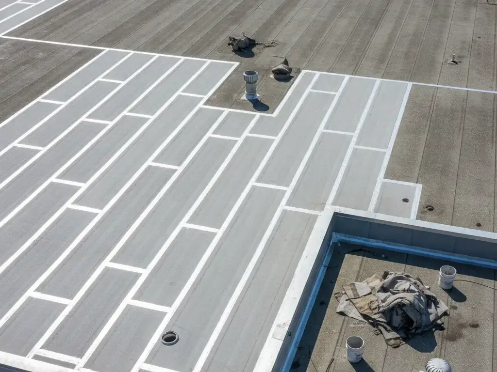 Commercial flat roof being repaired after storm damage with new membrane sections