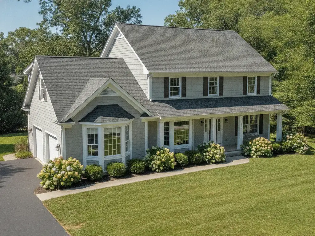 Single-family home with a freshly repaired roof after storm damage and color-matched shingles