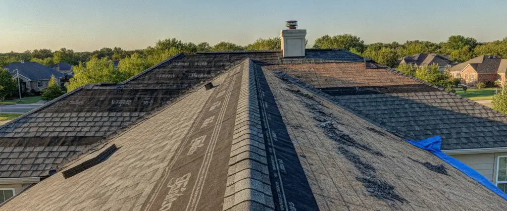 New asphalt shingle roof being installed on a home during a full roof replacement