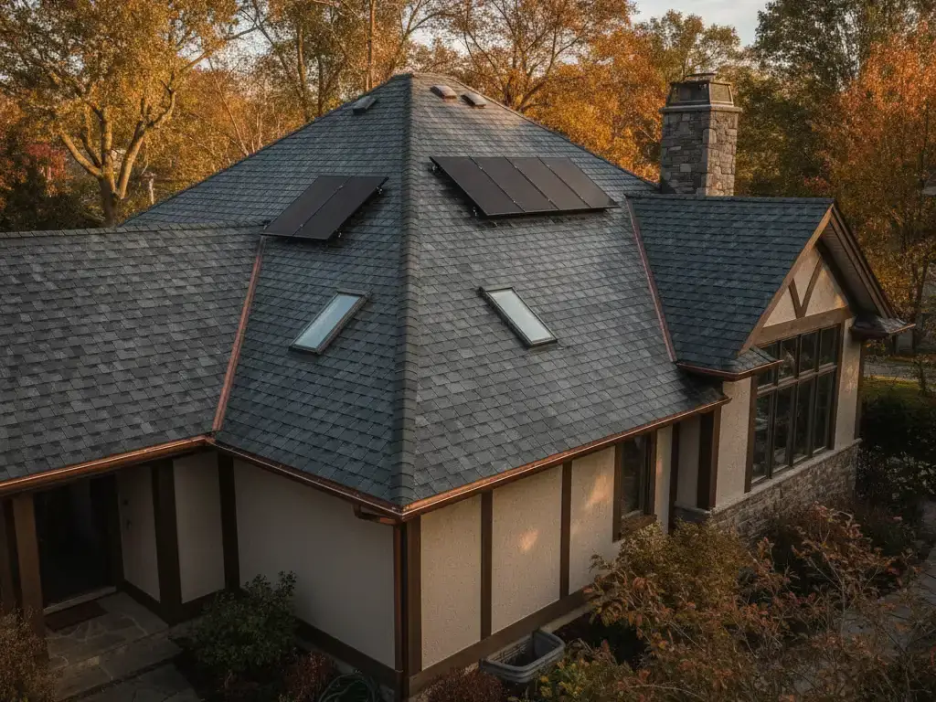 Single-family home roof during a seasonal maintenance check