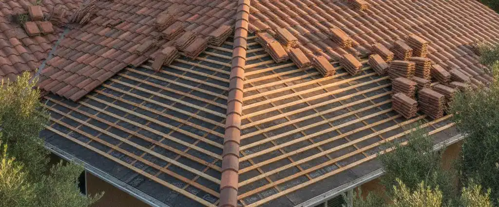 A tile roof partway through installation showing spaced wood sheathing boards beneath the tile on a California home