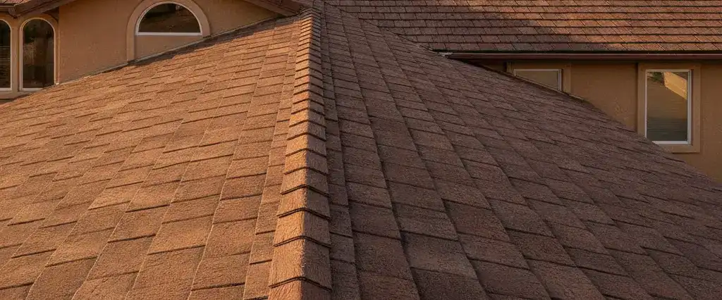 A synthetic cedar shake roof with polymer shingles on a California home