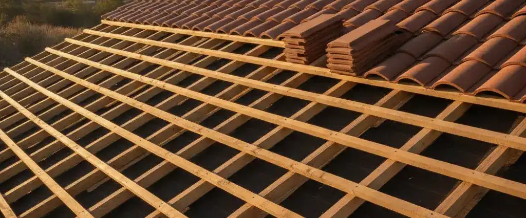 A tile roof set on wood battens and counter-battens raising the tile above the deck on a California home