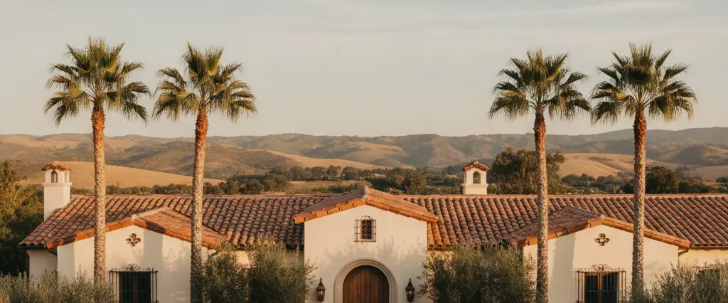 California Mediterranean home with a warm terracotta clay tile roof under afternoon light