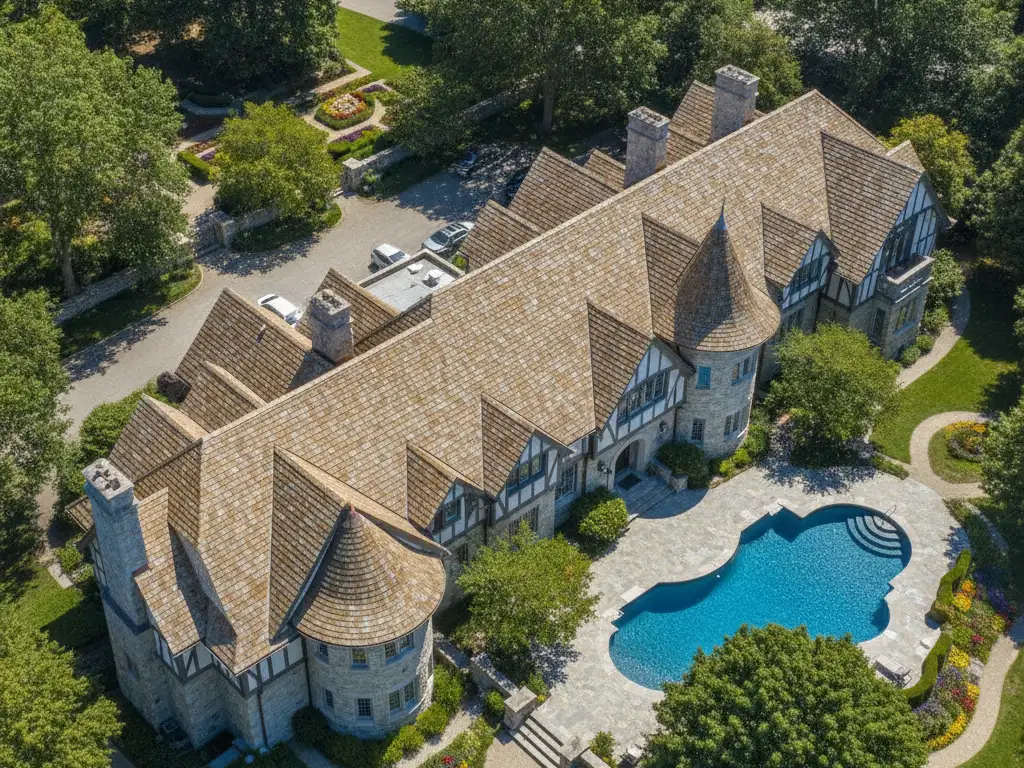Estate or multi-unit building with a cedar shake roof