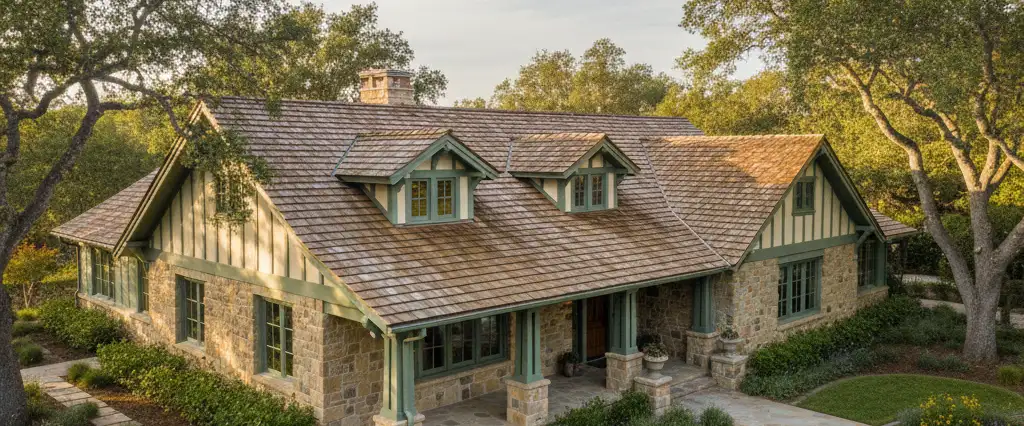 California craftsman home with a well-maintained cedar wood shake roof among mature trees