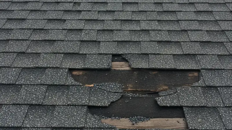 Asphalt shingle roof with cracked, curled, and missing shingles exposing the underlayment