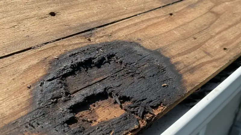 Exposed residential roof decking with a section of rotted delaminating plywood