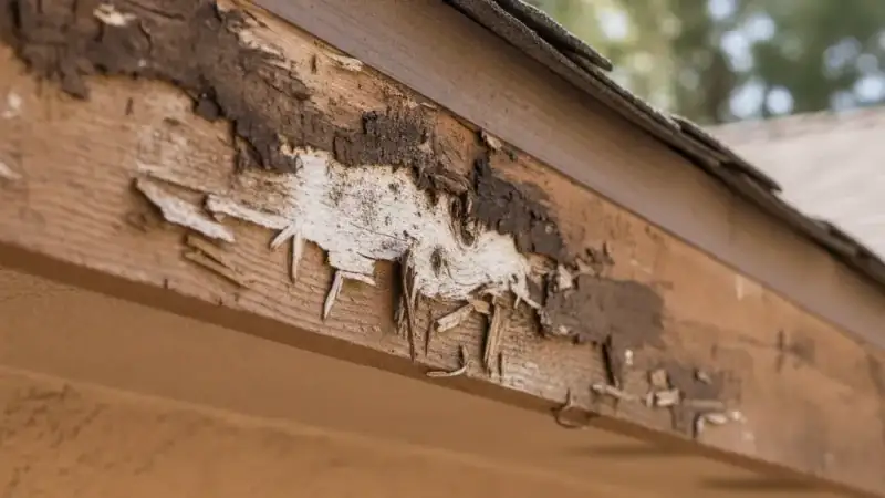 Residential roof eave and overhang with dry rot along the edge trim