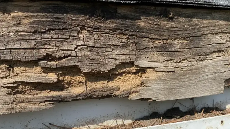 Wood fascia board along a residential roof edge showing dry rot damage