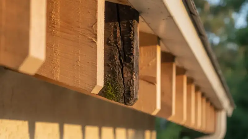 Exposed rafter tails at a residential eave with a rot-darkened rafter end