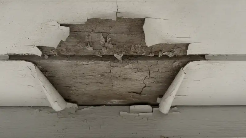 Residential roof overhang soffit panels with dry rot and peeling paint