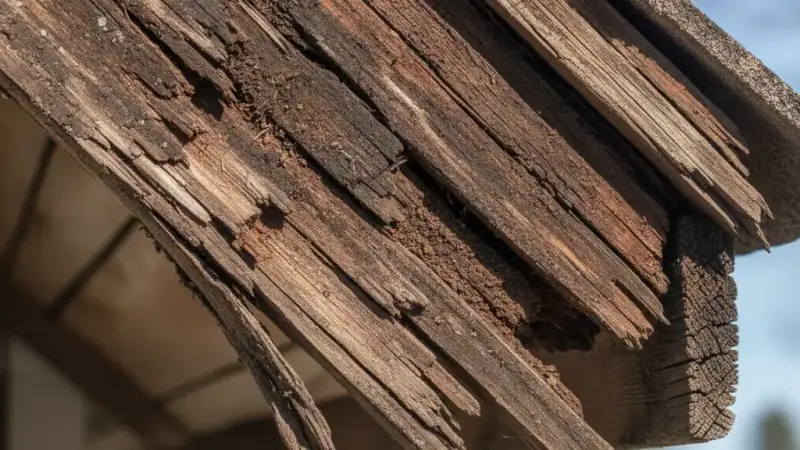 Soft, darkened, and crumbling wood fascia and roof decking showing dry rot damage