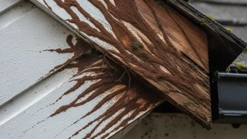 Dark brown discoloration and staining on roof-edge wood from fungal decay