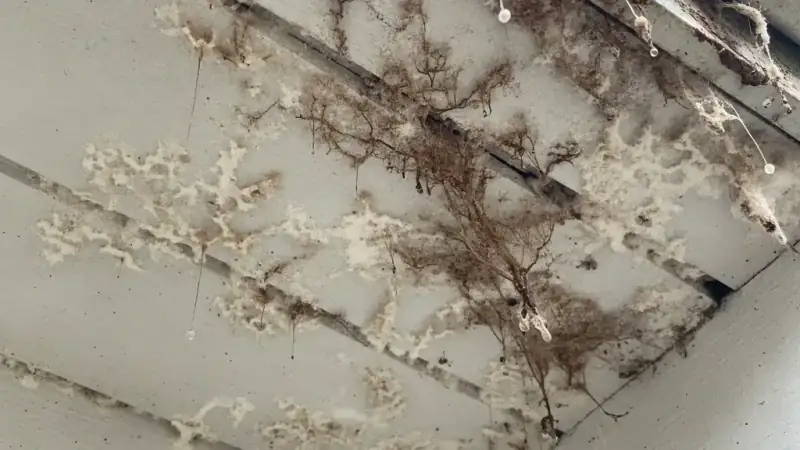 White and brown fungal strands growing on the underside of a roof overhang