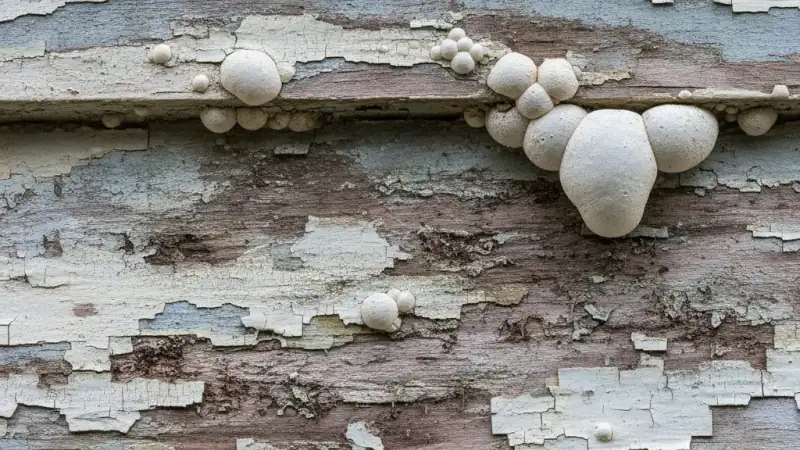 Peeling and blistering paint over a wood fascia indicating moisture and rot beneath