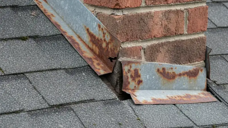 Rusted and lifted metal flashing at a chimney-to-roof junction where leaks commonly begin