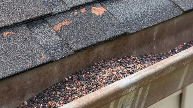 Weathered asphalt shingles showing bald patches with granules collected in a metal gutter