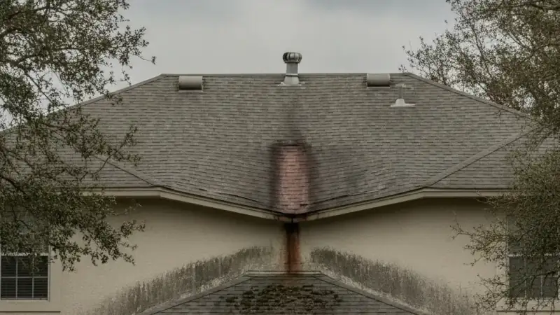 Roofline with a visible sag and staining indicating water intrusion and structural stress