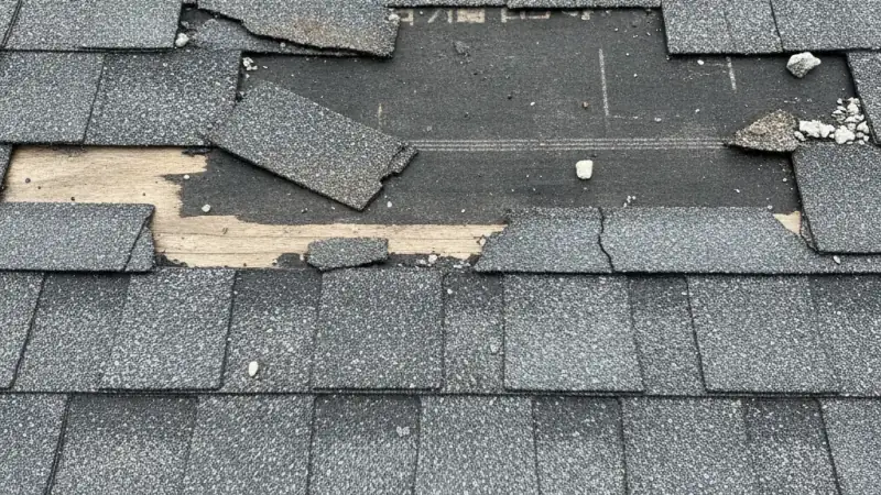 Roof section with missing and damaged shingles exposing the underlayment
