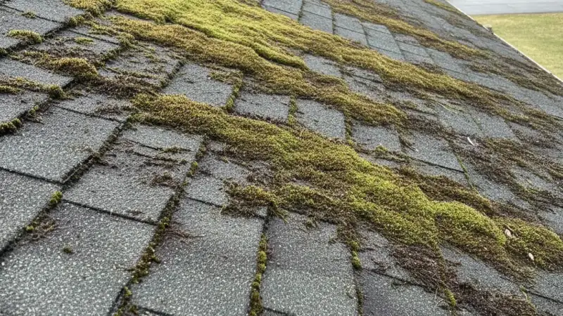 Roof shingles covered with green moss and organic growth holding moisture