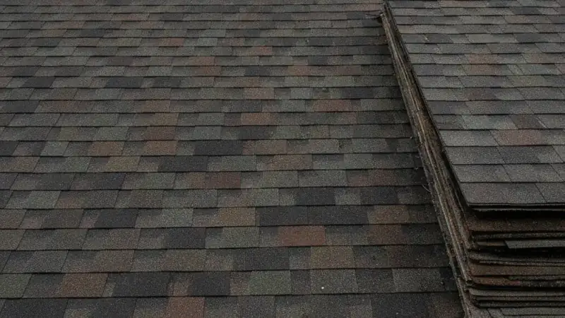 Roof surface with mismatched patchwork repairs and evidence of multiple shingle layers