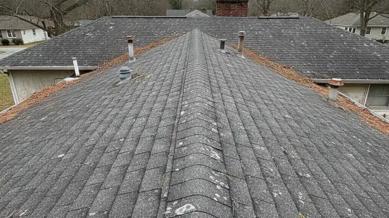Aged residential roof with faded, worn shingles showing its advanced age