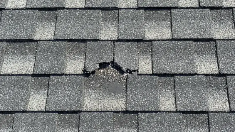 Curling asphalt shingles with visible granule loss and bald patches
