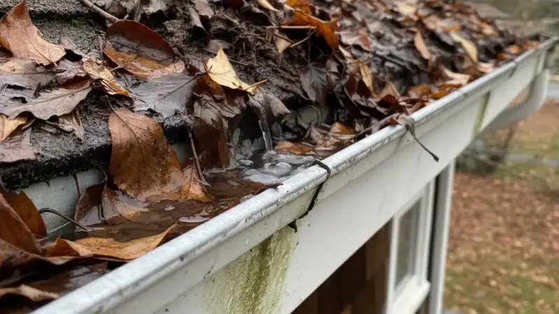 Gutter packed with leaves and debris causing blockage